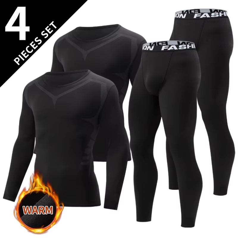 2/4 Pcs Autumn/Winter Mens Black Long Sleeved Pants Underwear Set Youth Fitness Running Base Sports Shirt Casual Stretch Pants