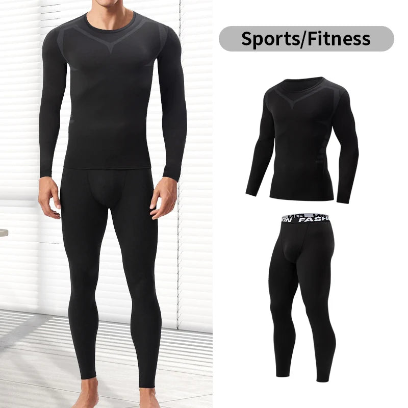 2/4 Pcs Autumn/Winter Mens Black Long Sleeved Pants Underwear Set Youth Fitness Running Base Sports Shirt Casual Stretch Pants