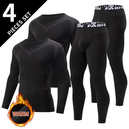 2/4 Pcs Autumn/Winter Mens Black Long Sleeved Pants Underwear Set Youth Fitness Running Base Sports Shirt Casual Stretch Pants