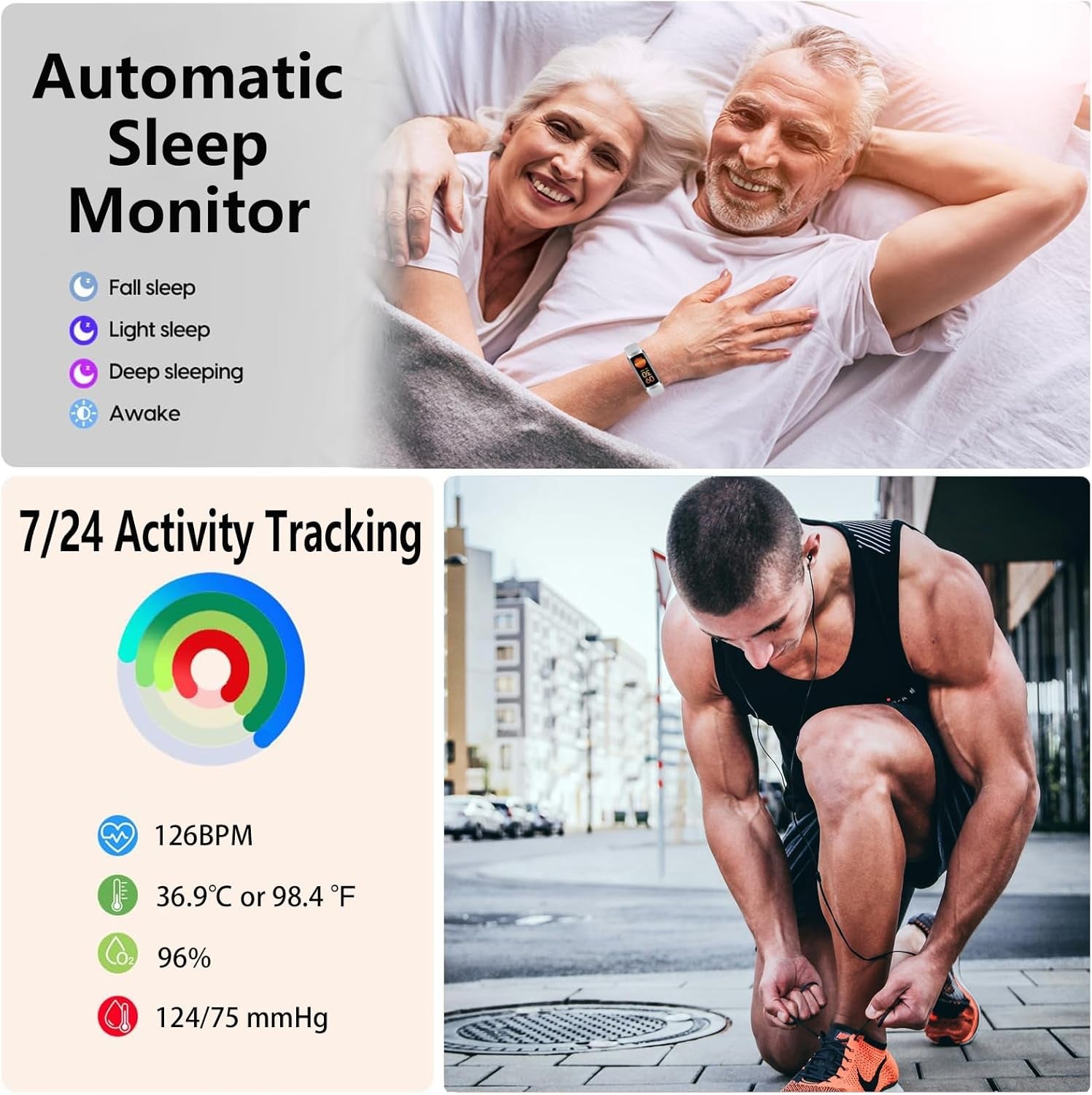 Fitness Tracker with Heart Rate Monitor, 1.1" AMOLED Screen Smart Watch, Activity Tracker, Pedometer, Sports Bracelet with Calorie Counter, Sleep Monitor, 5ATM Waterproof for Women Men (Gray)